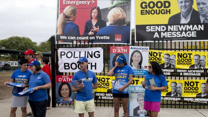 Party volunteers at the  Clontarf Beach State School on the day of the Redcliffe byelection. Photo: Harrison Saragossi