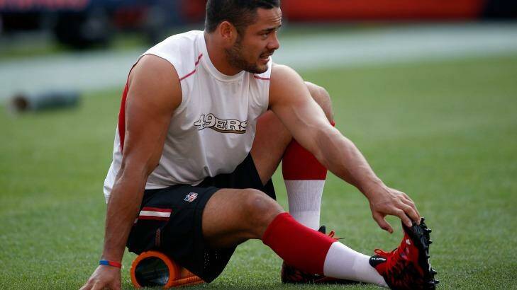 DENVER, CO - AUGUST 29:  Jarryd Hayne #38 of the San Francisco 49ers warm up prior to facing the Denver Broncos during preseason action at Sports Authority Field at Mile High on August 29, 2015 in Denver, Colorado.  (Photo by Doug Pensinger/Getty Images) Photo: Doug Pensinger
