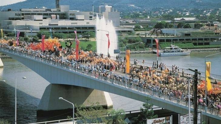 A parade across the Brisbane River was part of the opening celebrations for QPAC in 1985. Photo: QPAC