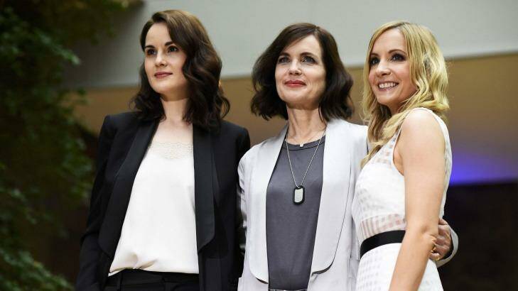 Downton Abbey cast members Michelle Dockery (L), Elizabeth McGovern (C) and Joanne Froggatt pose for the media at a a press call on August 13, 2015. Photo: DYLAN MARTINEZ