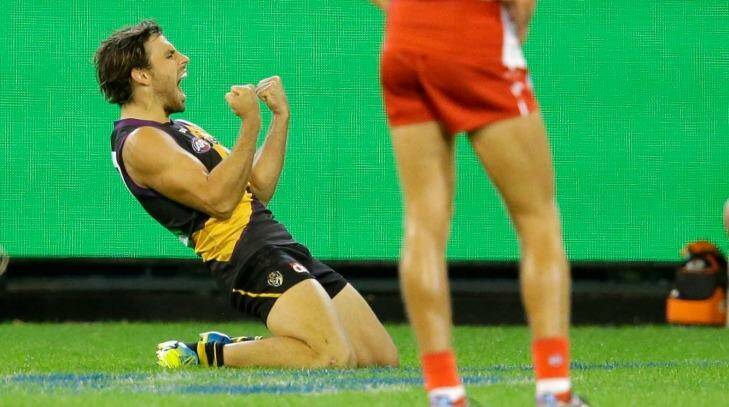 Sam Lloyd of the Tigers celebrates after kicking the winning goal. Photo: AFL Media/Getty Images