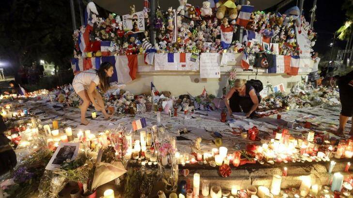 A makeshift memorial in Nice, after an attack there killed 86 people and injured 434. Photo: AP 