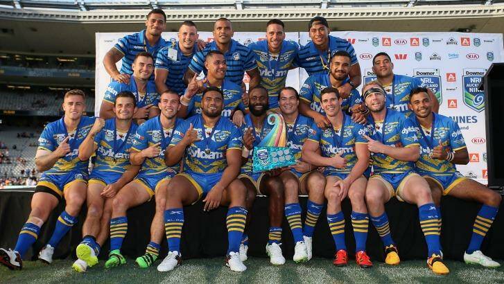Tainted win: Eels players celebrate after winning the 2016 Auckland Nines grand final. The club has been stripped of the title. Photo: Simon Watts