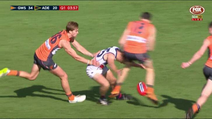 Jeremy Cameron was reported for this clash with Adelaide's Kyle Cheney. Photo: Fox Footy