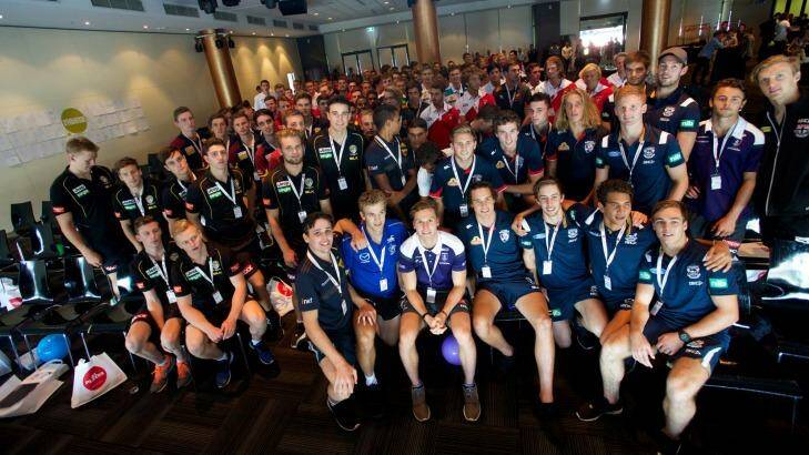 Players gather at the end of the AFL/AFLPA draftee induction camp at Etihad Stadium.
 Photo: AFLPA