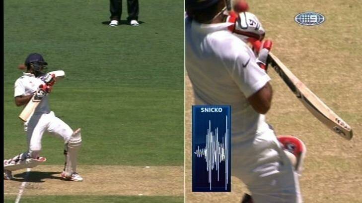 Grilled: Cheteshwar Pujara given out even though ball missed his bat. Photo: Via Channel Nine