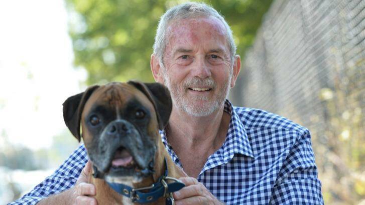 Robert Walls with his dog Gus at the launch of "Gus & Wallsy's french Revelation". Photo: Joe Armao