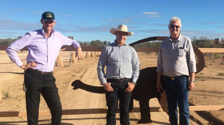 Mark Bailey, Winton Mayor Butch Lenton and Robbie Katter outside the Australian Age of Dinosaurs Museum. Photo: Supplied