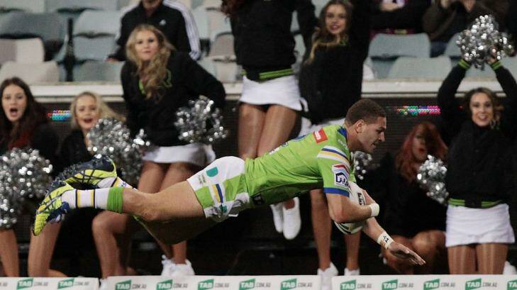 Brenko Lee of the Raiders scores a try during the game against Manly. Photo: Stefan Postles