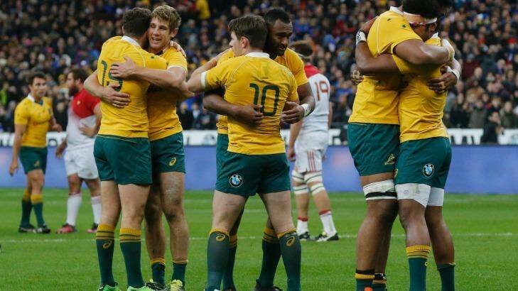 All too familiar: Another win by a tiny margin left the Wallabies exuberant, and relieved. Photo: MICHEL EULER