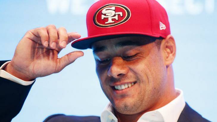 Hat's on: Jarryd Hayne at his press conference on Tuesday. Photo: Matt King