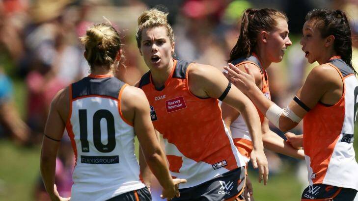 Ban: Jacinda Barclay of the Giants celebrates a goal during the round three draw with Fremantle. Photo: Matt King