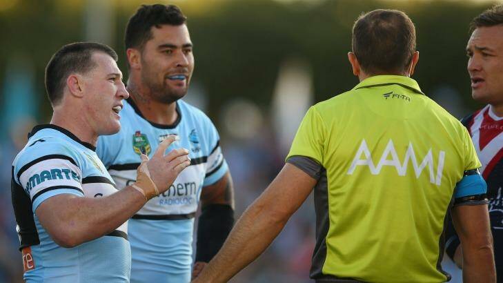 Bad example? Andrew Fifita and Sharks captain Paul Gallen argue with the referee during a match against the Roosters last month. Photo: Getty Images 