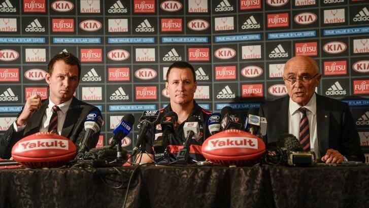 New Bombers coach John Worsfold at Monday's press conference with CEO Xavier Campbell and chairman Paul Little. Photo: Justin McManus