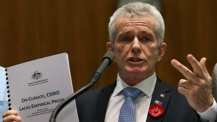 Senator Malcolm Roberts during a recent press conference, attacking CSIRO. Photo: Andrew Meares