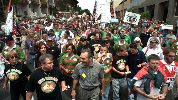 Fighting the good fight: George Piggins with fellow Rabbitohs legend John Sattler leading the 2000 protest march. Photo: Craig Golding