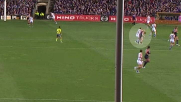 North Melbourne's Todd Goldstein conceded a free-kick and 50-metre penalty for high contact against Fremantle's Hayden Ballantyne. Photo: Fox Footy
