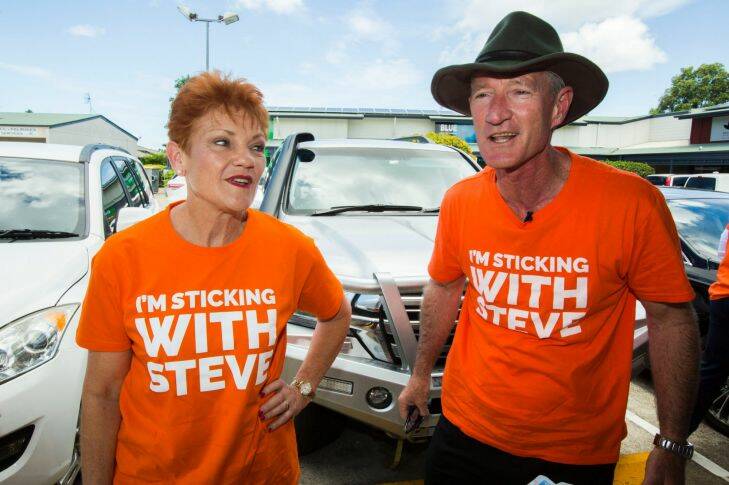 One Nation leader Senator Pauline Hanson and Queensland One Nation leader and member for Buderim Steve Dickson?? attends a barbecue at Sippy Downs, Buderim, Queensland, Saturday, November 11, 2017. (AAP Image/Glenn Hunt) NO ARCHIVING