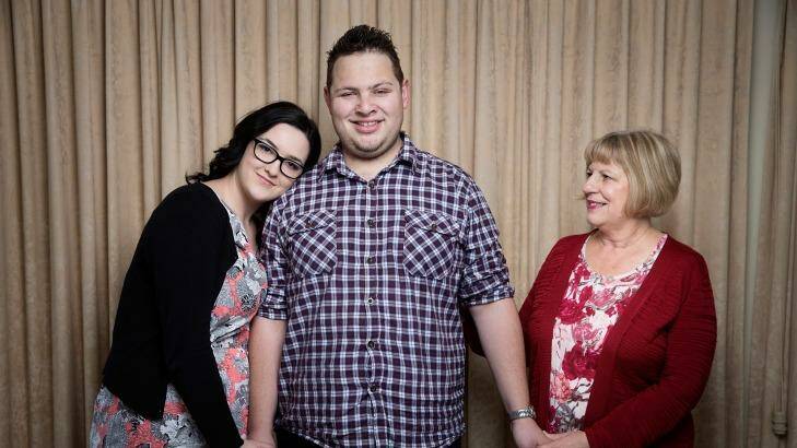 Thomas Scrivens with his wife, Jess, and mother, Sue. Thomas has brain cancer and is using an experimental drug, which has damaged his sight, but prolonged his life. He is the longest surviving brain cancer patient in the world to use this medication. Photo: Paul Jeffers
