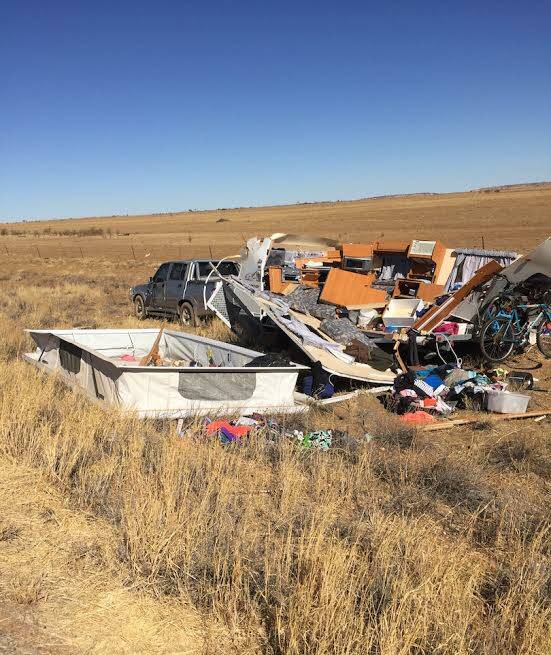 Rollover: the remains of the caravan that rolled 250 kilometres south-east of Mount Isa. Photo: RACQ North Queensland Rescue Helicopter Service.