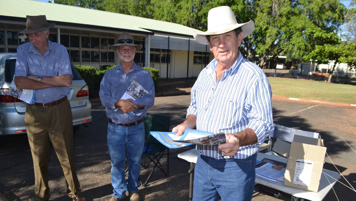 Last chance: LNP candidate John Wharton at Barkly Highway State School, with Cloncurry acting mayor Bob McDonald and James Lord offering their support.  