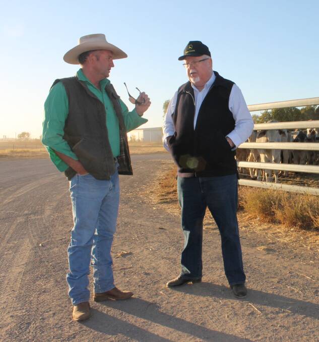 CRITICAL ISSUES: Queensland Nationals Senator Barry O’Sullivan speaking to Peter Dowling, Dowling Livestock and Property, at the Cloncurry yards in August.