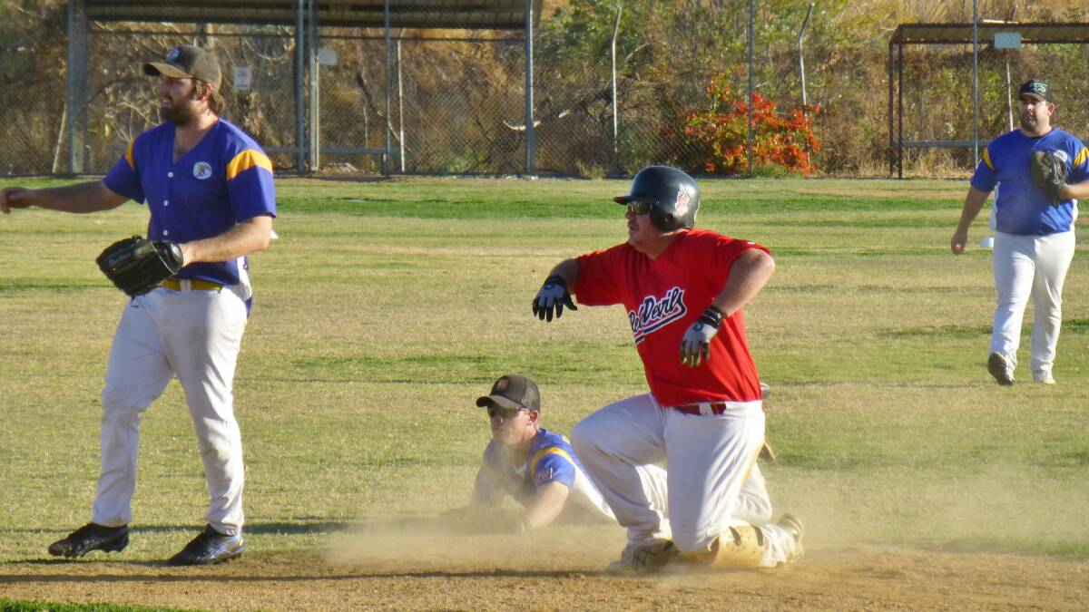 SLIDE: Red Devil’s James Larkin quickly leaps to his feet after sliding into second base, main pic, while, inset, Red Devils A grade men’s player Phil Horne was the star of the game against Wanderers.