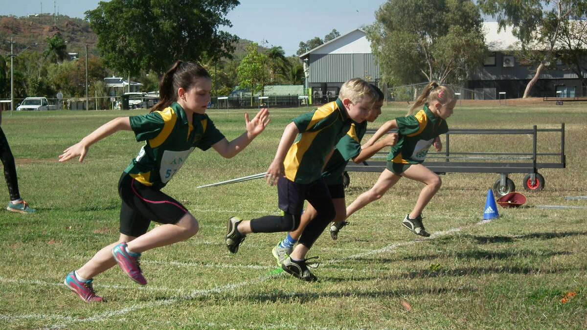 OFF AND RACING: Trinity Perkins, Luke Hales, Adu Baniwal and Sienna Stehbens begin their eight years and over 70-metre race.