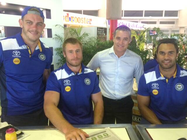 COWBOYS: State member for Mount Isa Rob Katter met up with some of the North Queensland Cowboys players at the Brisbane airport on Monday, as they returned from the Auckland Nines tournament. Pictured with Mr Katter are Ben Spina and Ethan Lowe, with Justin O’Neill from Hughenden (right), who scored four tries for the Carnival, to be equal top scorer.