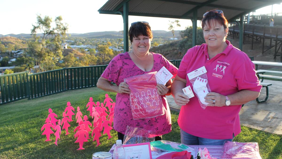 PICTURED: North West Breast Cancer Support Group Mount Isa vice-president Tania Gilmore and president Patricia Olsen prepare for the Mini Fields of Women event at the Hilary Street lookout to help raise money. 
