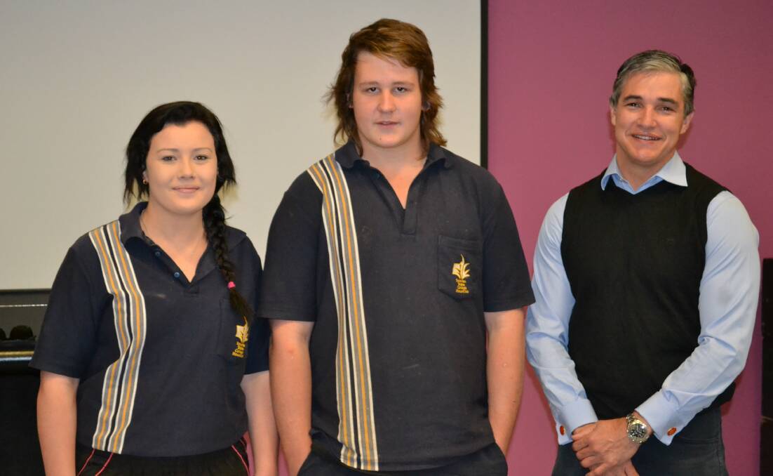 HARD QUESTIONS: Spinifex State College students  Kia Burke and Harrison Rogers, both 16, with state member for Mount Isa Rob Katter. Both were passionate in their question time with Mr Katter.