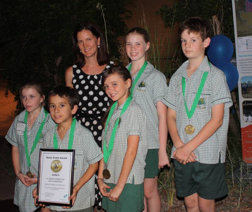 PAST WINNERS: Sarus Crane Junior Award winners from last year, the Joey Planeteers with teacher Kate Thinee from St Joseph’s Mount Isa.