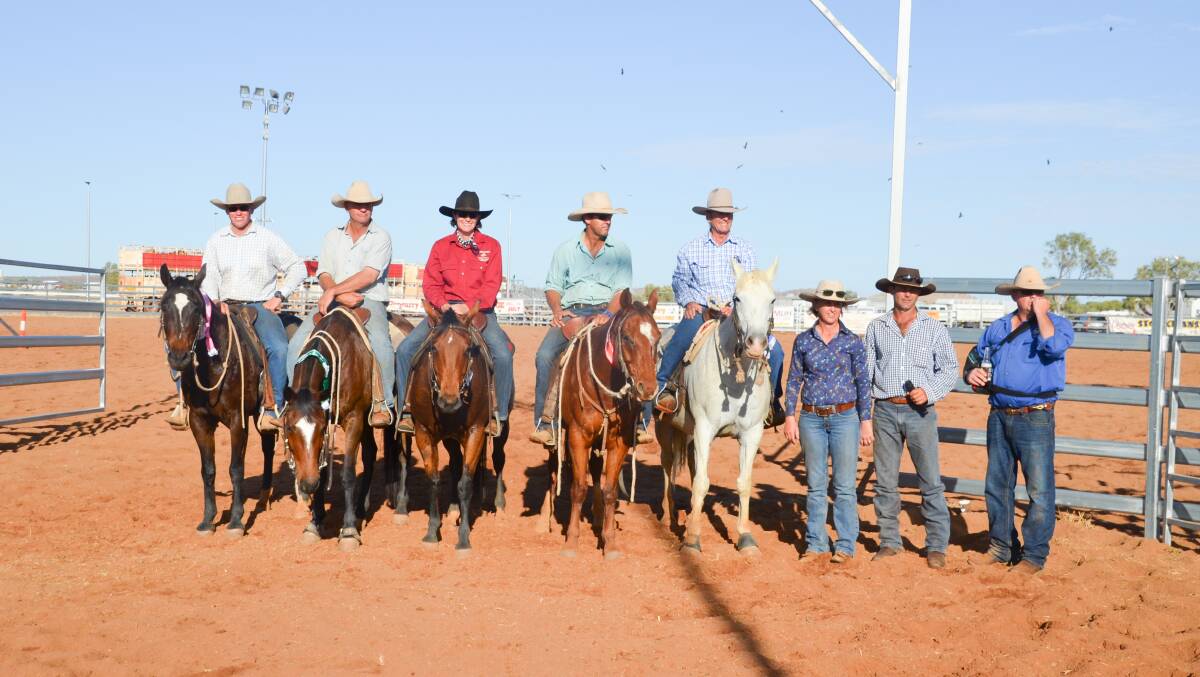 LINE-UP OF THE WINNERS (RIGHT TO LEFT): Brett Hick on Snow, Peter Hacon on Wiggle, Stacey Robertson on April, Marcus Curr on Anzac, Carlton Curr on Camilla, Anthony McMillan on Denise; and standing: Jane McMillian, Clint Wochner and James Coates.  PICTURE: Kimberley Robertson