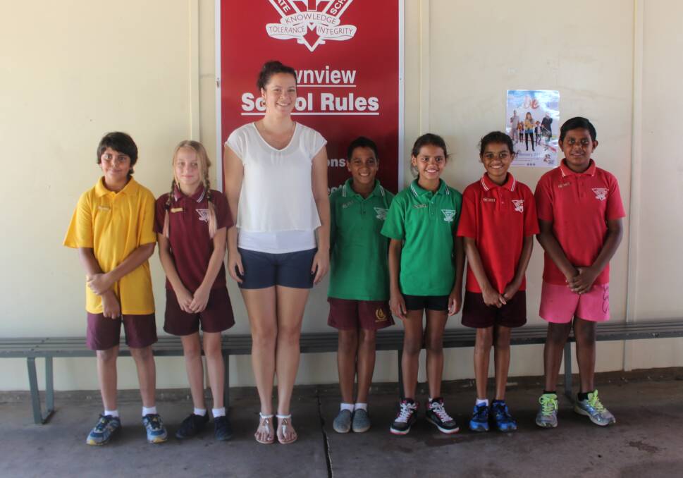  2015 HOUSE CAPTAINS (L-R): Kennedy : James Tyson and Anika Cats, P&C vice president Ereka Bexfield, Leichhardt: Steven Page  and Leah Body, Flinders: Shanyse Body and Derek Walden.