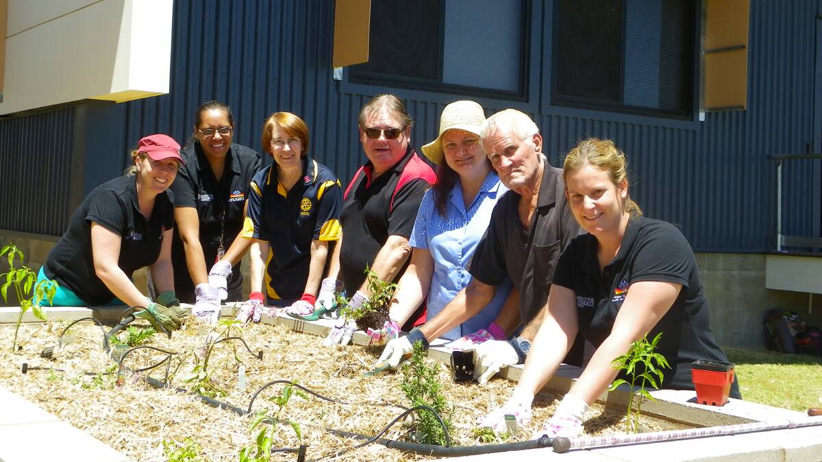 ALL TOGETHER NOW: NWCR project manager Sarah Jackson celebrates the planting ceremony with rehab assistant Megan Boyle, Rotary’s Julie Parry, participant Steve Batty, occupational therapy student Selina Morris, participant Errol Walding and occupational therapist Kate Mitchell. - Picture: JOHN WILSON