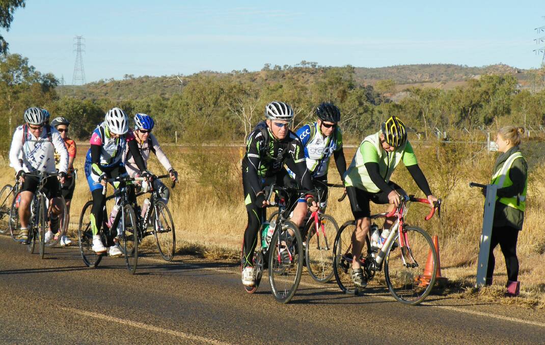 START: B-grade winner Tony Sweeney (closest to camera) sets off against the field on Sunday.