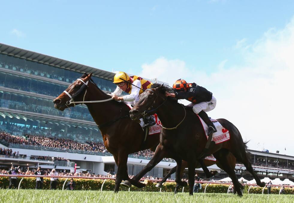 Star jockey Damien Oliver rides Preferment, part-owned by Mount Isa connections, to victory in the Victoria Derby last spring. Preferment will be out to repeat the feats of the Huddy’s former star galloper Shoot Out, by taking out the group 1 Australian Derby on Saturday.