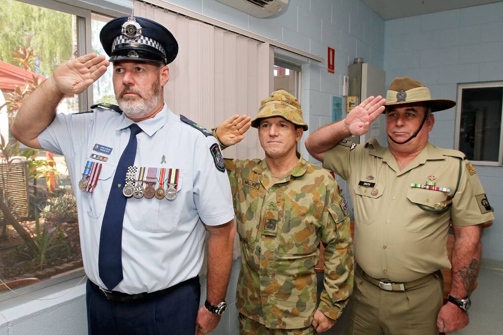SALUTE TO THE SERVICEMEN: Senior Sargent Graham Boyd, Warrant Officer Class Two Stephen Malone and Warrant Officer Class Two Tony Smith. - Picture: KATE GLOVER
