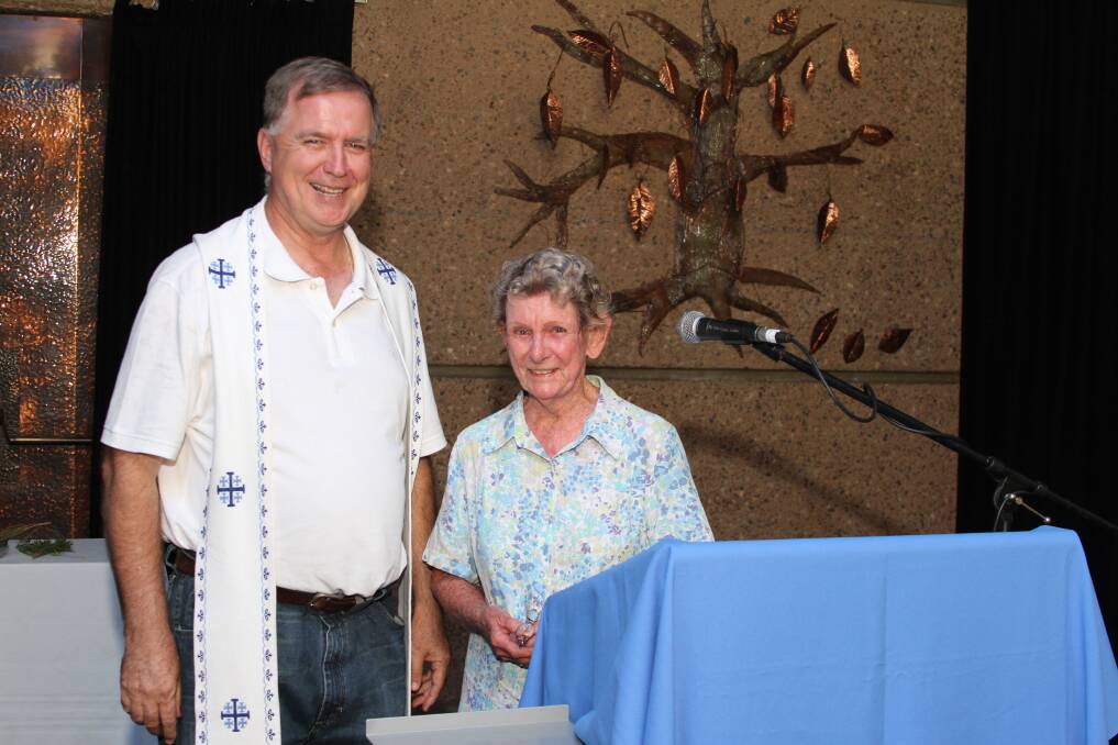 Parish Priest Father Mick Lowcock with Reverend Betty Handley at a Prayer for Rain ceremony.