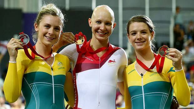 Silver medalist Annette Edmondson of Australia, gold medalist Joanna Rowsell of England and bronze medalist Amy Cure of Australia pose on the podium after the Women's 3000 metres Individual Pursuit final at Sir Chris Hoy Velodrome. Photo: Robert Cianflone/Getty Images