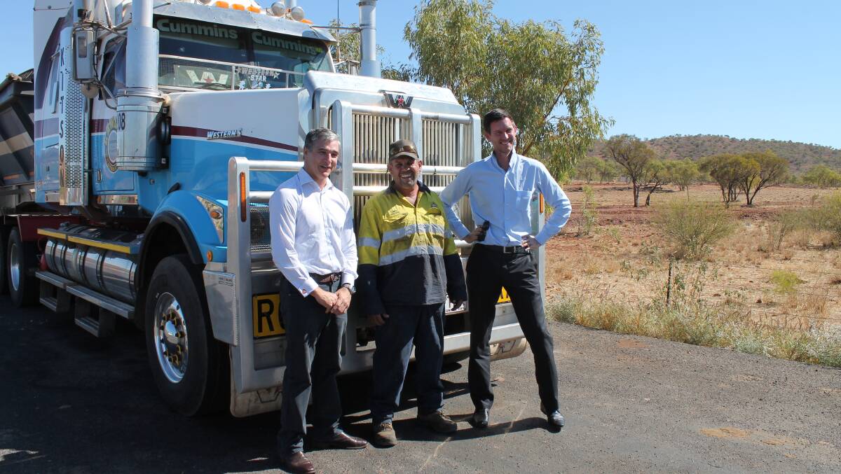 Mount Isa MP Robbie Katter, truck driver "Coffo" and State Road Minister Mark Bailey talk slag, big rigs and Queensland roads. PhotoL Andrew Harrison