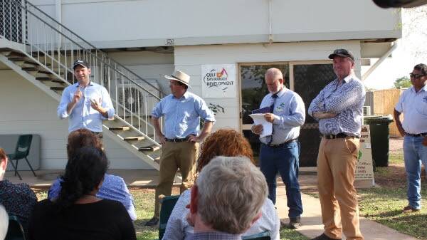 ECONOMIC BOOM: Senator Matt Canavan, Senator James McGrath, GSD chairman and Burke Mayor Ernie Camp and Agriculture Minister Barnaby Joyce at the opening of the new GSD offices in Normanton.