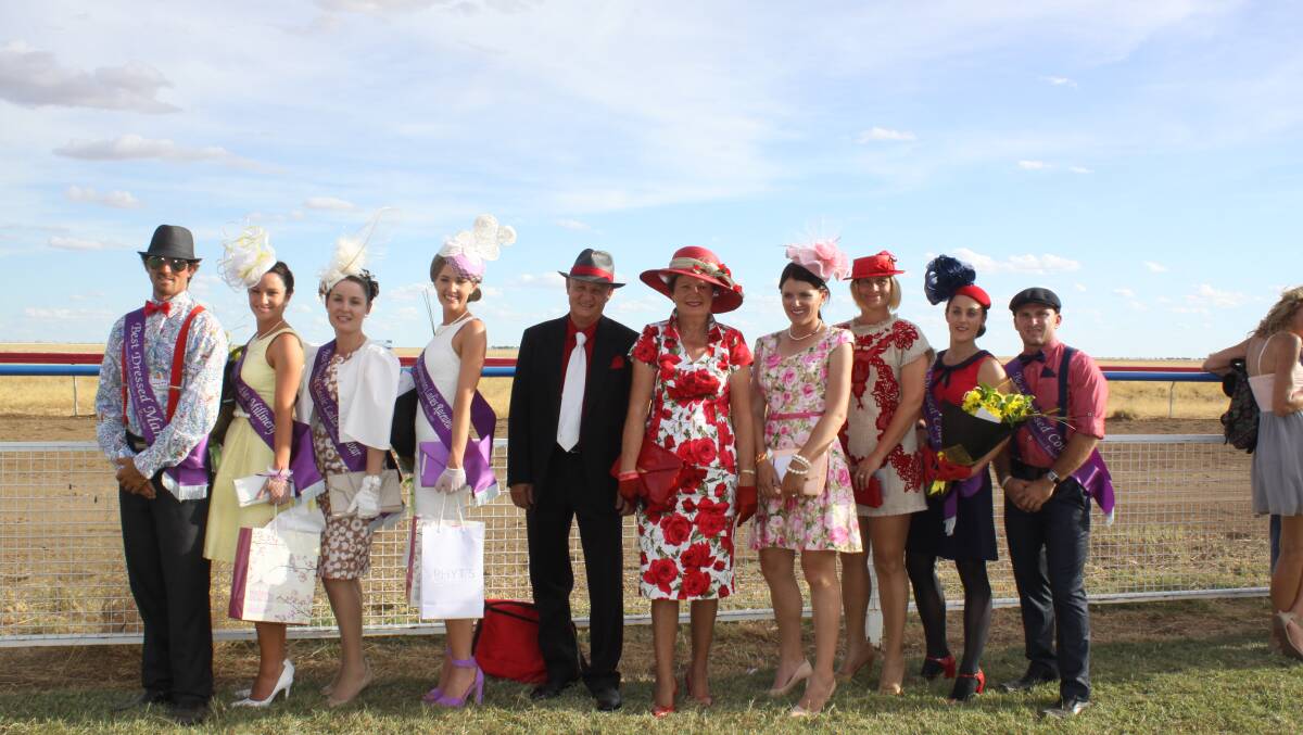 RacesDnd12 – FASHIONS ON THE FIELD: Best Dressed Male Victor Jamison, Millinery winner Alkira Agapiou, Classic winner Tennil Cody, Contemporary winner Georgia Marsterson, Best Couple runners up Bob and Cheryl Show, Millinery runner up Sally-Anne Caldwell, Contemporary runner up Sharee Pratt and Best Dresses Couple Sally Eales and Justin McGill. 