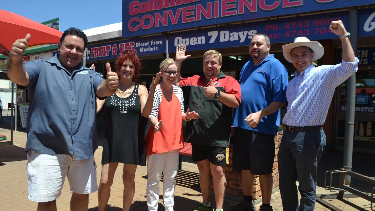 Celebrating: Small business representatives Lee Grant, Grants Cakes and Pies, Merilyn Harding, Isa News, Peta MacRae, MacRae News, Bob Burow and Ian Ah-Wing, Colonial Convenience Store, and Member for Mount Isa Rob Katter elated that large businesses still cannot trade on Sundays.  