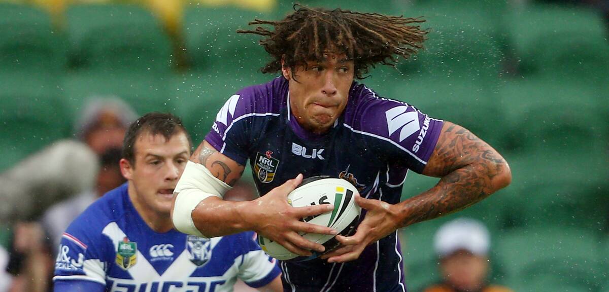 Kevin Proctor of the Storm is tackled during the round four NRL match between the Canterbury-Bankstown Bulldogs and the Melbourne Storm. Picture: Getty