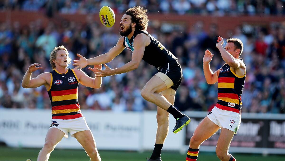 John Butcher of the Power is pushed in the back by Brent Reilly of the Crows during the round two AFL match between the Port Adelaide Power and the Adelaide Crows. Photos: Getty