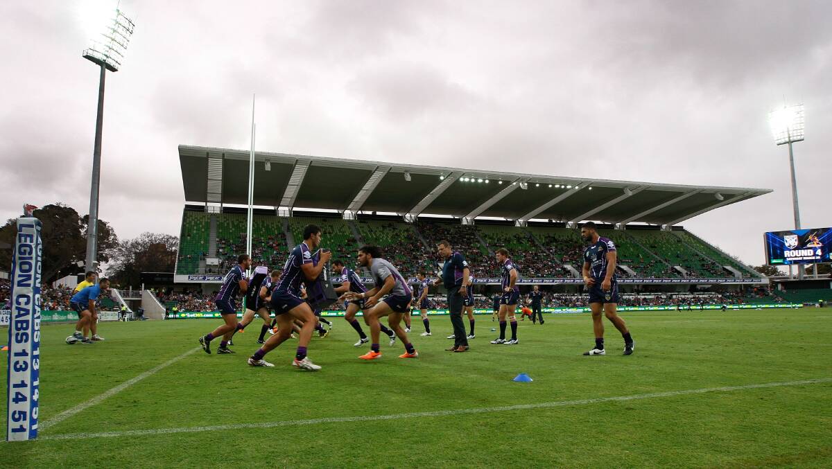 The Storm warm up for their round four NRL match against the Canterbury-Bankstown Bulldogs. Picture: Getty
