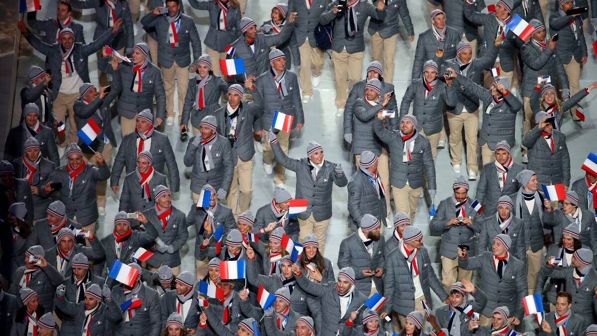 Members of the France Olympic team enter during the Opening Ceremony of the Sochi 2014 Winter Olympics at Fisht Olympic Stadium. Picture: Getty