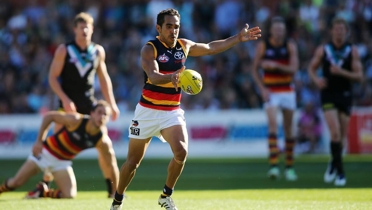 Eddie Betts of the Crows kicks at goal during the round two AFL match between the Port Adelaide Power and the Adelaide Crows at Adelaide Oval on March 29. Photos: Getty