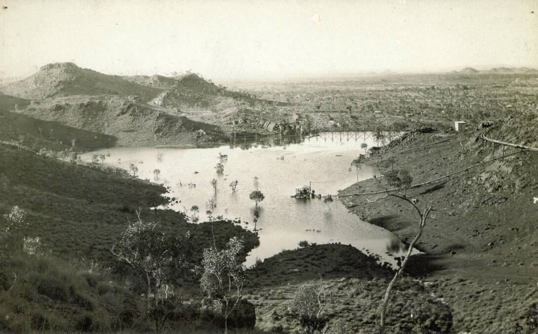 General view of Rifle Creek Dam retaining wall circa 1949.
